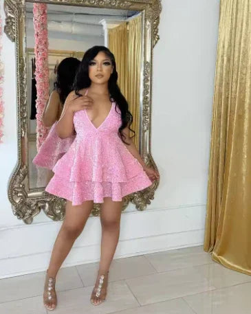 Vestido corto de cóctel negro sexy y brillante con espalda abierta y capas de lentejuelas para graduación, fiestas y noche, Vestido de regreso a casa negro Y1504