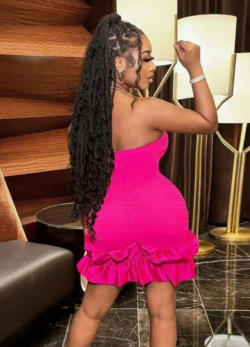 Abito Unico Senza Spalline Rosa Shock Plissettato per il Ballo Scolastico Corto per il Compleanno Y7853