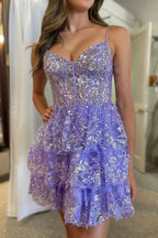 Vestido de Tafetán de Capas Múltiples con Lentejuelas y Tirantes Lavanda para el Baile de Regreso a Casa Y2832