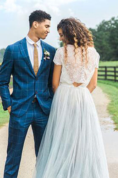 Casual Country Style Two Piece Lace Top Tulle Skirt Wedding Dresses, MW535