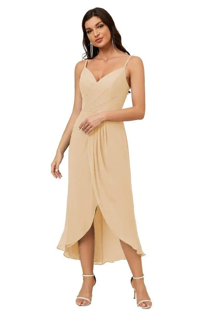 Numbersea Spaghetti-Träger Chiffon V-Ausschnitt Brautjungfernkleid Mittellanger Schlitz Formelles Abschlussballkleid Homecoming-Kleid 2803