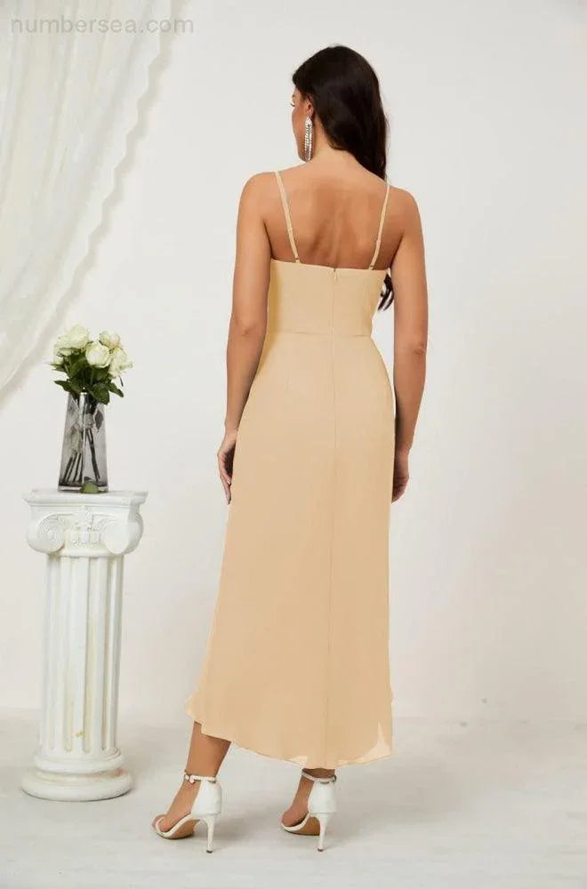 Vestido de Dama de Honor de Chifón Spaghetti con Escote en V y Abertura al Frente de Longitud Media para Fiesta Formal, Baile de Graduación y Regreso a Casa 2803
