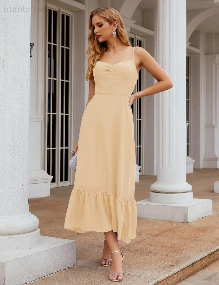 Numbersea Spaghetti-Träger Chiffon Brautjungfernkleid Knöchellänge Formell A-Linie Cocktail Party Homecoming-Kleid für Juniorinnen SEA28028