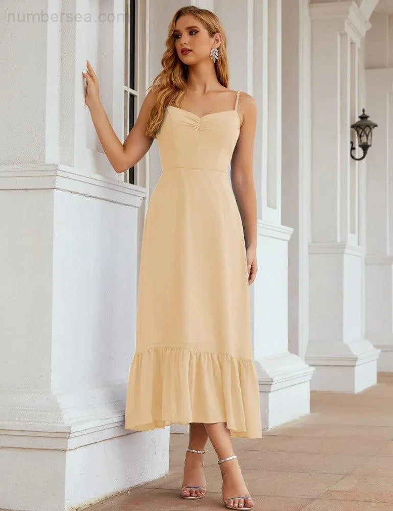 Numbersea Spaghetti-Träger Chiffon Brautjungfernkleid Knöchellänge Formell A-Linie Cocktail Party Homecoming-Kleid für Juniorinnen SEA28028