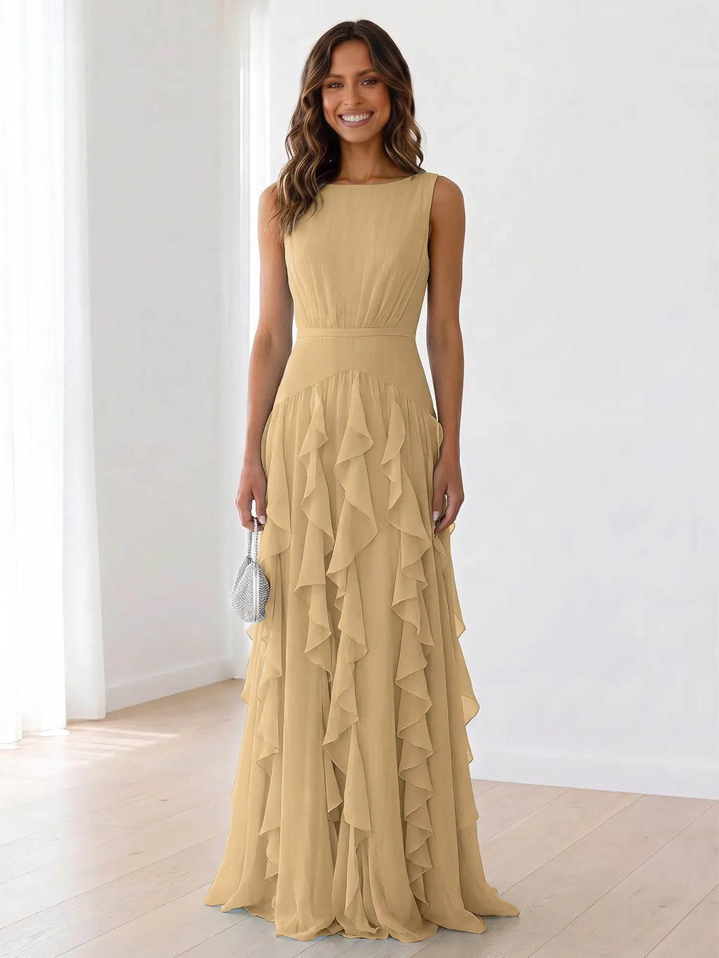 Sleeveless Tiered Chiffon Maxi Evening Gown with Ruched Bodice