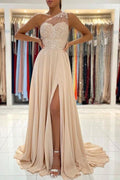 Champagner Chiffon One-Shoulder-Spitze Langes Ballkleid Abendkleid PSK257