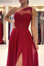 Champagner Chiffon One-Shoulder-Spitze Langes Ballkleid Abendkleid PSK257