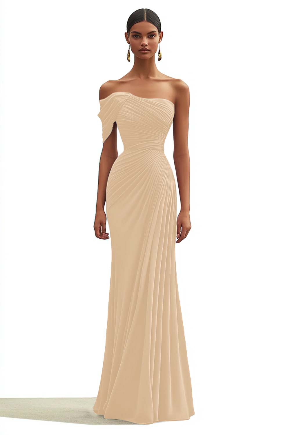 Vestido formal comprido sereia Dusty Sage com um ombro e pregas