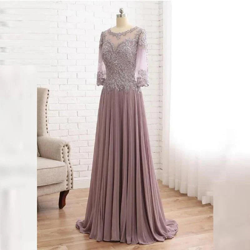 Vestidos para mãe da noiva com decote em joia e renda encantadora, mangas 3/4 com aplicações