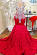 Robe de soirée longue et charmante en satin perlé, style sirène, rouge pour bals formels