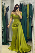 Charming Long Mermaid Off the Shoulder Satin Prom Dresses with Side Sweep Train by BIZTUNNEL
