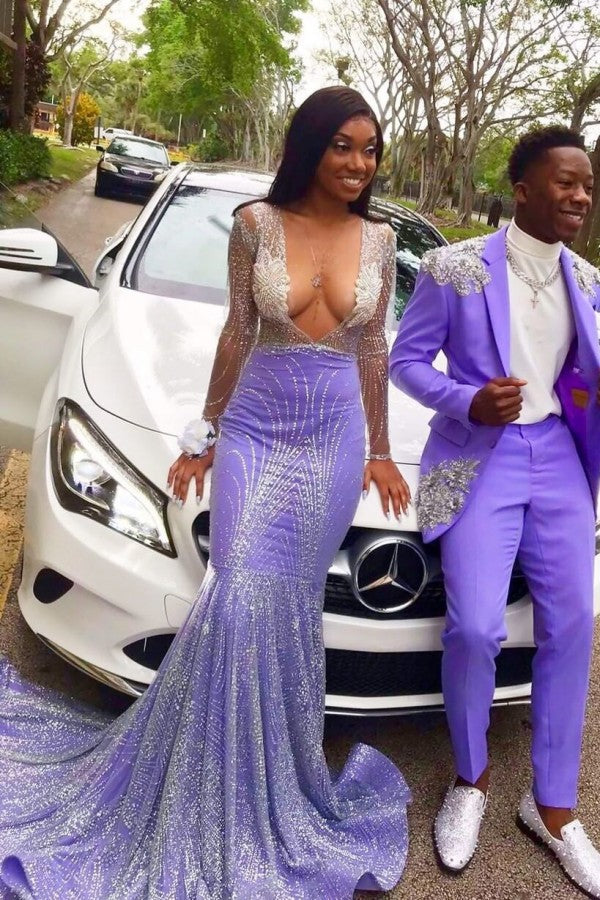 Bezauberndes langes Meerjungfrau-Ballkleid mit V-Ausschnitt und Tüllspitze und Ärmeln