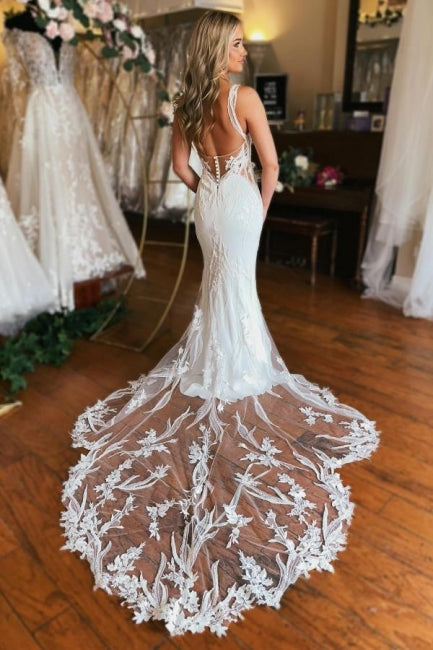Charmantes langes V-Ausschnitt Meerjungfrau-Ärmelloses Brautkleid mit Spitze