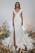Langes Meerjungfrau-Sweetheart-Satin-Spitzen-Brautkleid mit Seitenschlitz