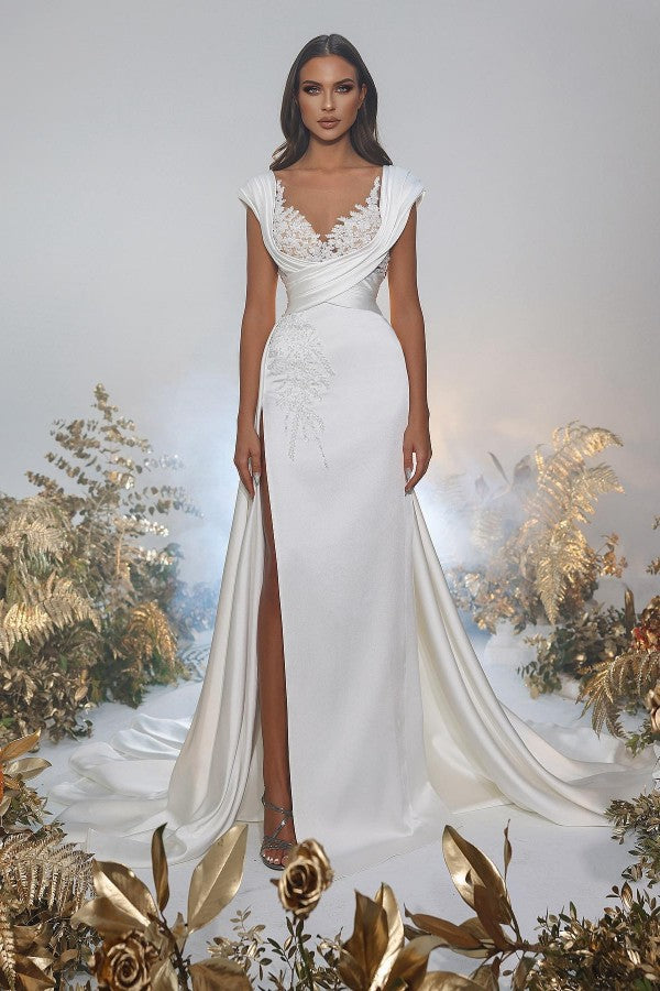 Langes Meerjungfrau-Sweetheart-Satin-Spitzen-Brautkleid mit Seitenschlitz