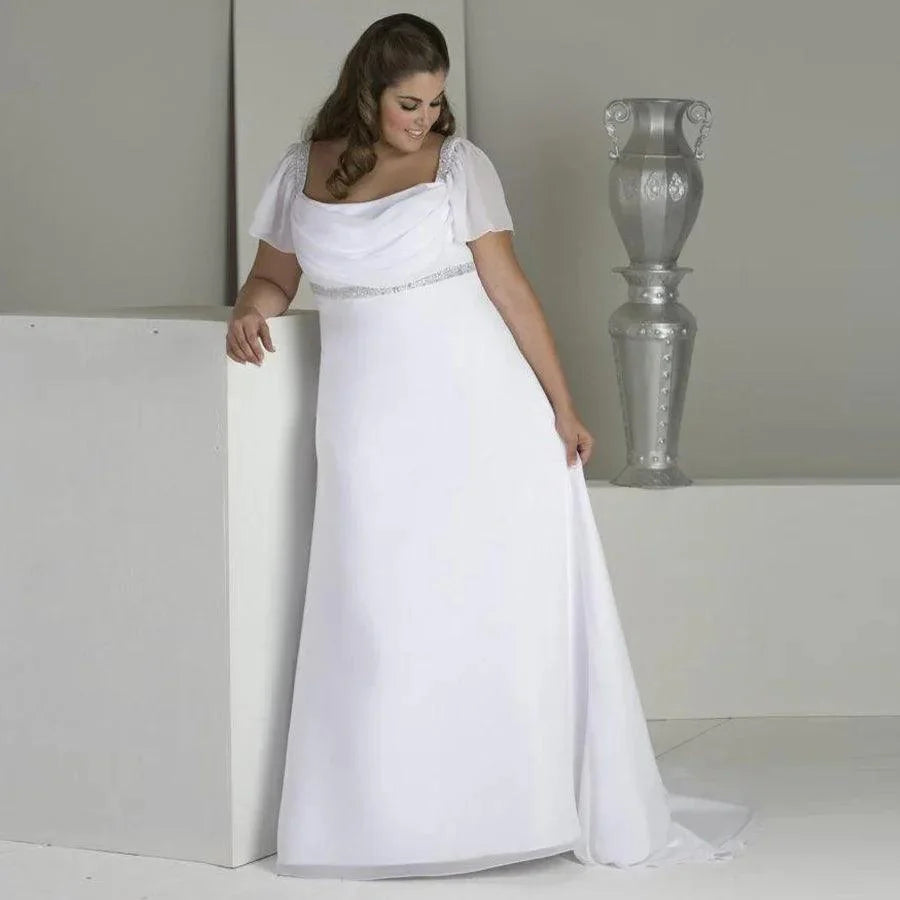 Quadratischer Ausschnitt, Übergröße, kurze Ärmel, Perlenbesatz, Pailletten, Chiffon, Strand-Brautkleid 