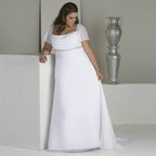 Quadratischer Ausschnitt, Übergröße, kurze Ärmel, Perlenbesatz, Pailletten, Chiffon, Strand-Brautkleid 