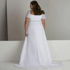 Quadratischer Ausschnitt, Übergröße, kurze Ärmel, Perlenbesatz, Pailletten, Chiffon, Strand-Brautkleid 