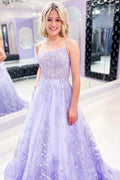 Charming A-line Lace Appliques Spaghetti Straps Lilac Prom Dresses PSK276