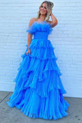 Charmantes trägerloses langes blaues Ballkleid in A-Linie mit Rüschen PSK492