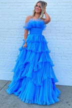 Charming A Line Strapless Blue Long Prom Dress with Ruffles PSK492