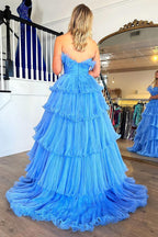 Charming A Line Strapless Blue Long Prom Dress with Ruffles PSK492