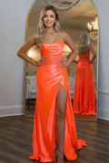 Encantador Vestido Largo de Baile de Cuello Barca Naranja de Sirena con Abertura PSK613