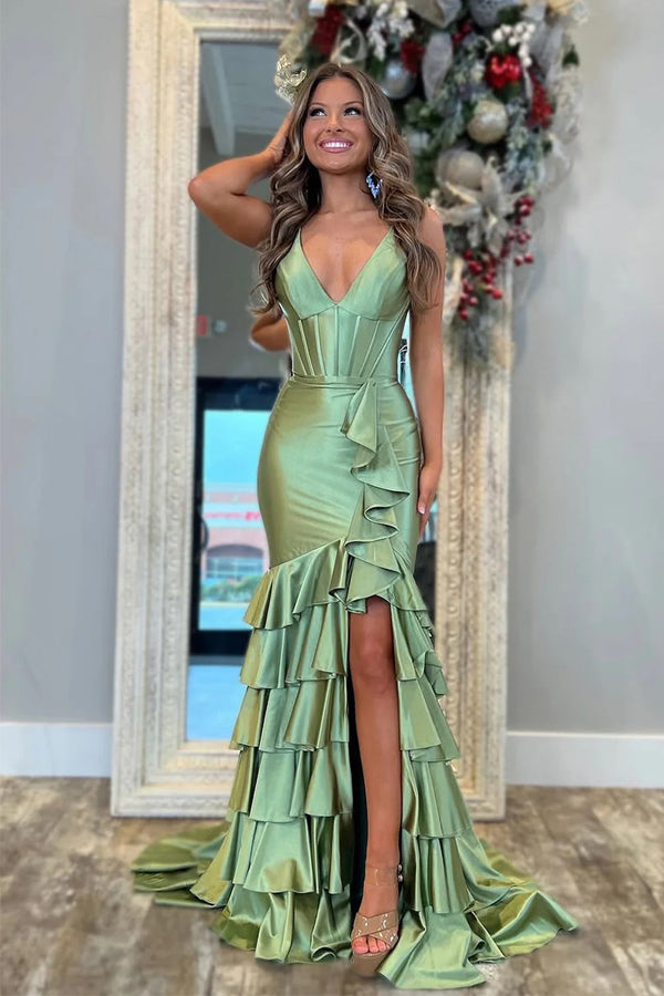 Charming Mermaid V Neck Satin Tiered Slit Sage Prom Dress PSK695