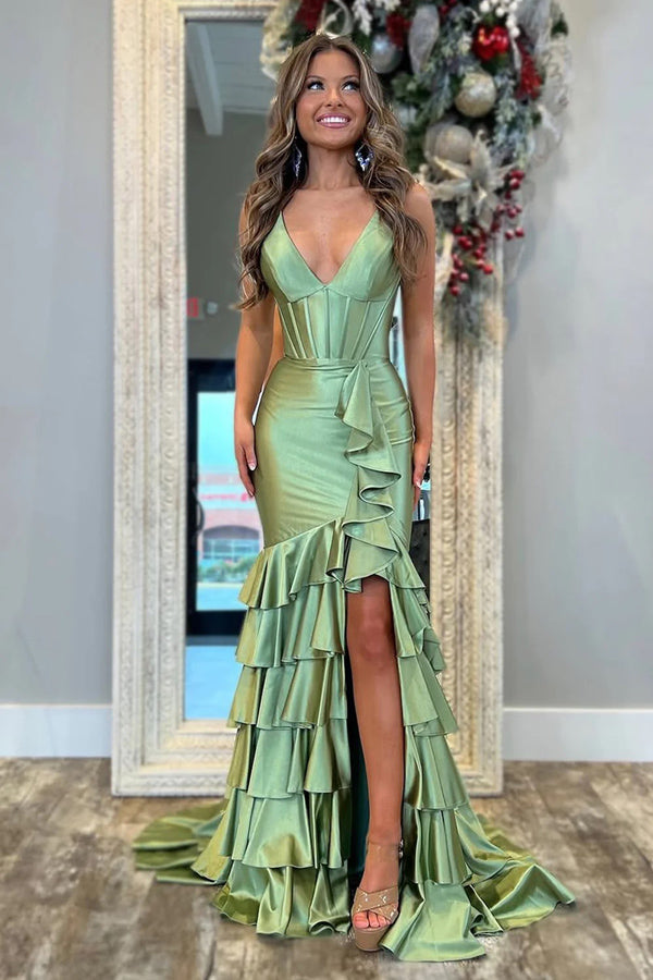 Charming Mermaid V Neck Satin Tiered Slit Sage Prom Dress PSK695
