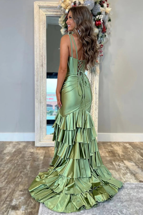 Charming Mermaid V Neck Satin Tiered Slit Sage Prom Dress PSK695