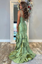 Charming Mermaid V Neck Satin Tiered Slit Sage Prom Dress PSK695