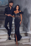 Schickes schwarzes langes Meerjungfrau-Abendkleid mit schulterfreier Spitze und Schlitz