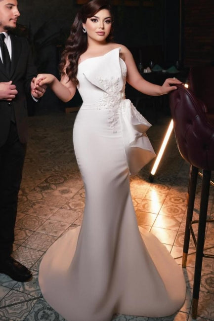 Vestido de Noiva Chic, Comprido, Simples, Sem Alças, Em Cetim, Com Decoração de Renda
