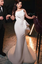 Vestido de Noiva Chic, Comprido, Simples, Sem Alças, Em Cetim, Com Decoração de Renda