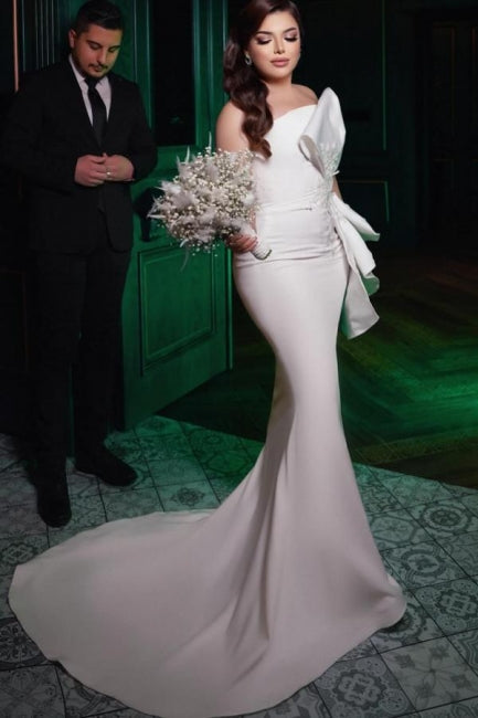 Vestido de Noiva Chic, Comprido, Simples, Sem Alças, Em Cetim, Com Decoração de Renda