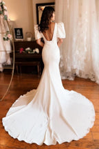 Chices langes Meerjungfrau-Kleid mit eckigem Ausschnitt, Satin, rückenfreies Brautkleid mit kurzen Ärmeln