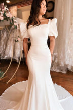 Chices langes Meerjungfrau-Kleid mit eckigem Ausschnitt, Satin, rückenfreies Brautkleid mit kurzen Ärmeln
