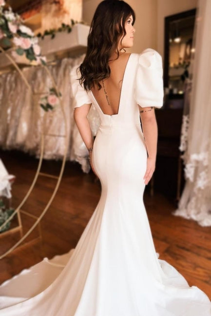 Chices langes Meerjungfrau-Kleid mit eckigem Ausschnitt, Satin, rückenfreies Brautkleid mit kurzen Ärmeln