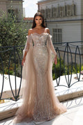 Elegante Abito da Ballo Sirena con Scollo a Cuore, Maniche e Tulle Ricamato con Paillettes