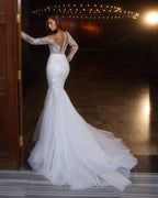 Elegante Abito da Sposa Bianco Lungo Sirena in Tulle con Pizzi, Perline e Maniche Lunghe