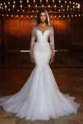 Elegante Abito da Sposa Bianco Lungo Sirena in Tulle con Pizzi, Perline e Maniche Lunghe