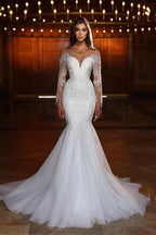 Elegante Abito da Sposa Bianco Lungo Sirena in Tulle con Pizzi, Perline e Maniche Lunghe