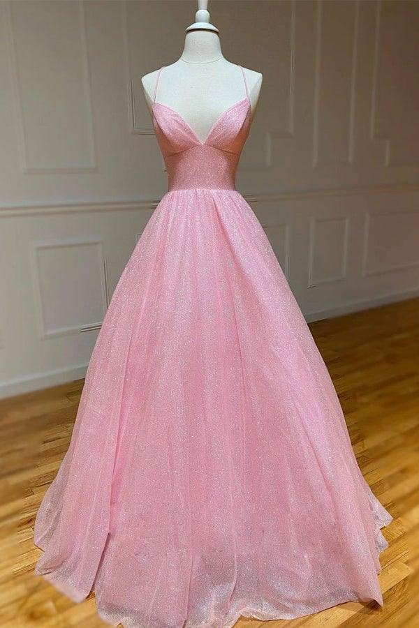 Vestido de festa comprido com alças finas e corte A, elegante, PSK221