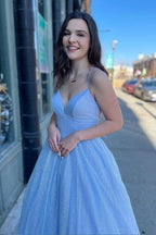 Vestido de festa comprido com alças finas e corte A, elegante, PSK221