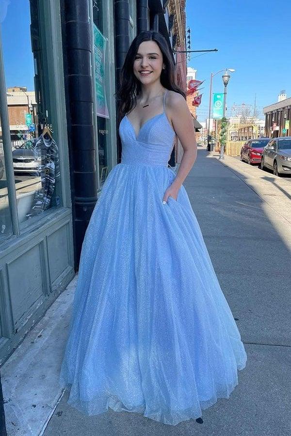 Vestido de festa comprido com alças finas e corte A, elegante, PSK221