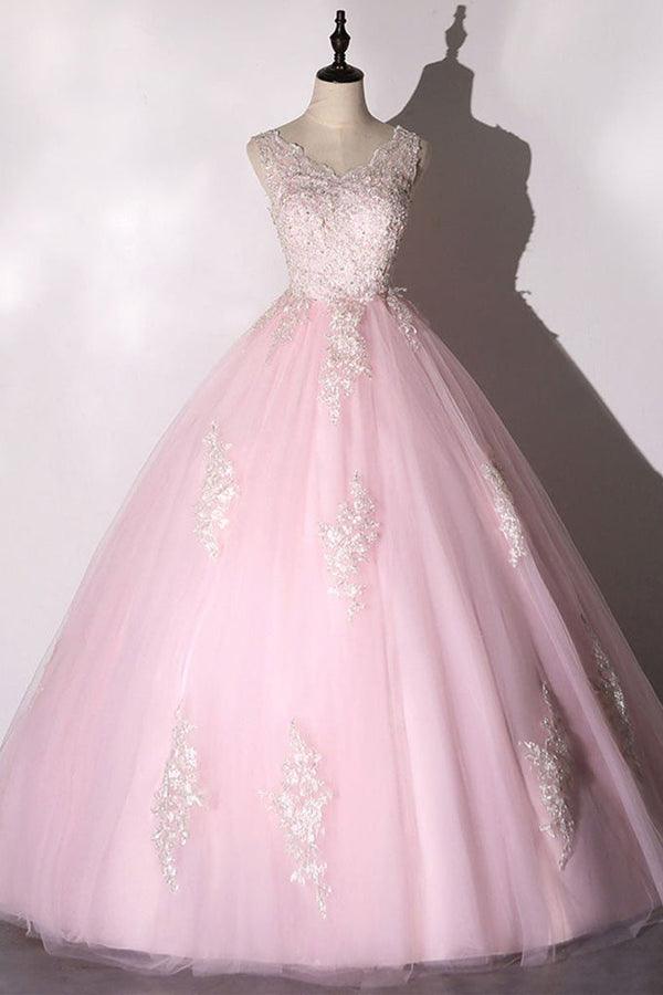 Vestido de baile chique rosa com aplicações de tule PSK266