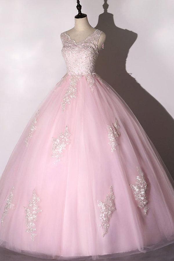 Vestido de baile chique rosa com aplicações de tule PSK266