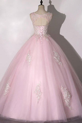 Chic Ball Gown Pink Prom Dress Tulle Applique Evening Dress PSK266