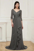 Kleider für die Brautmutter, Chiffon, V-Ausschnitt, Perlenbesetztes Mieder, lange Ärmel