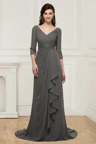 Kleider für die Brautmutter, Chiffon, V-Ausschnitt, Perlenbesetztes Mieder, lange Ärmel